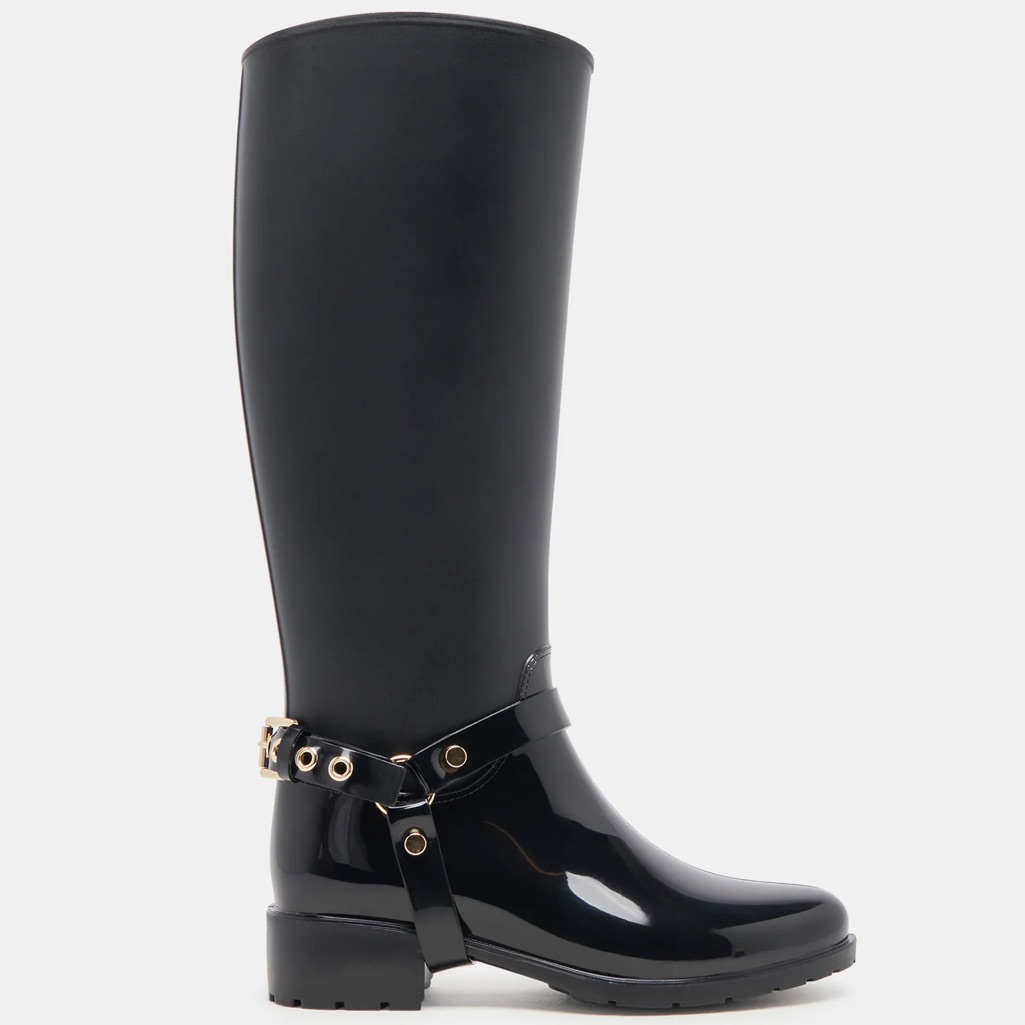 Black Rain Boots. Waterproof, Knee High, Riding Boot Style, Gold Ankle Buckle